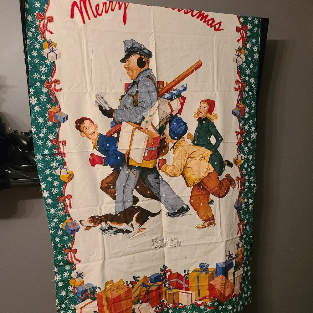 VTG.Hallmark Wamsutta Norman Rockwell "Jolly Postman" Quilted Fabric Wall Panel